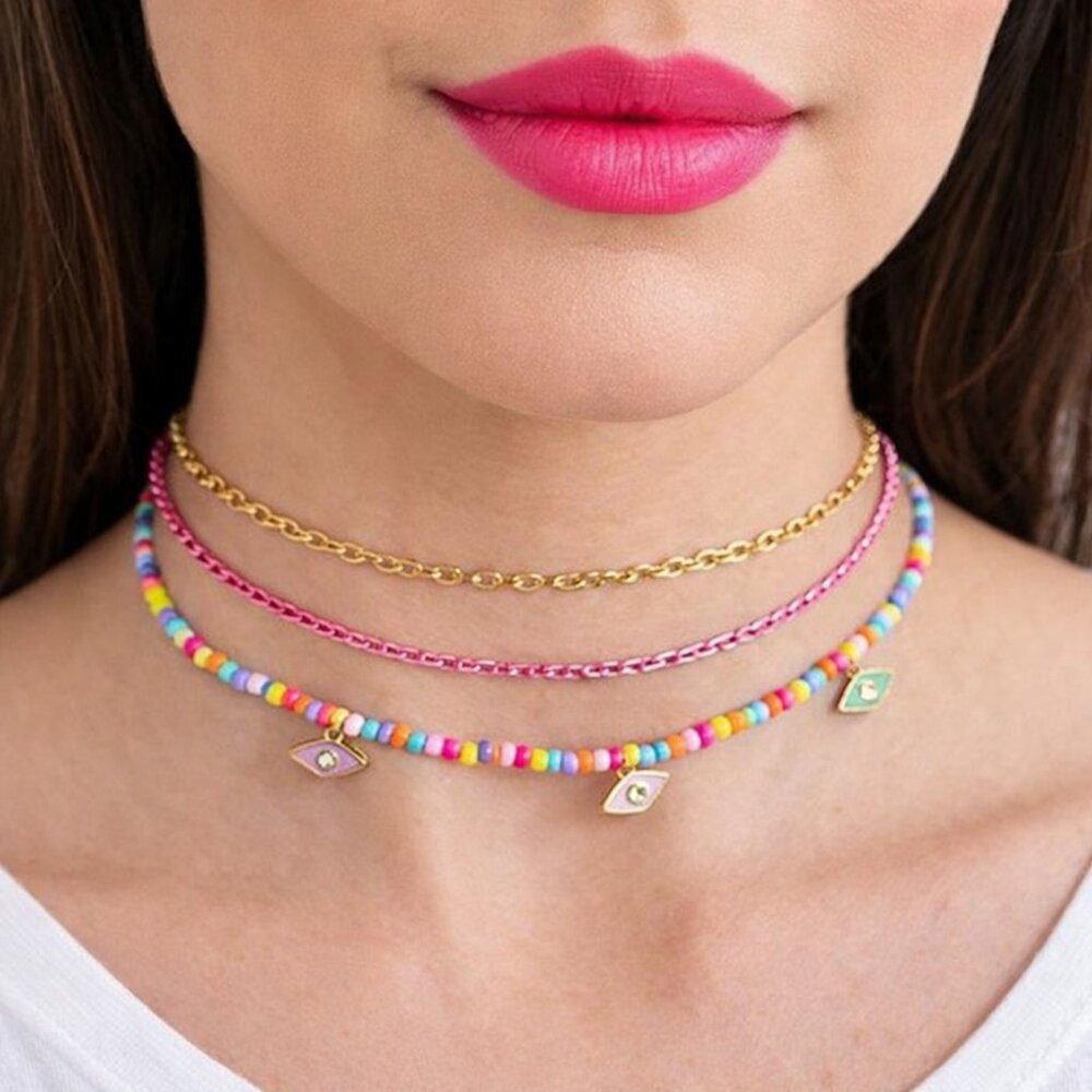 HELLO Pink and Gold Tone Choker Trio‎ Set